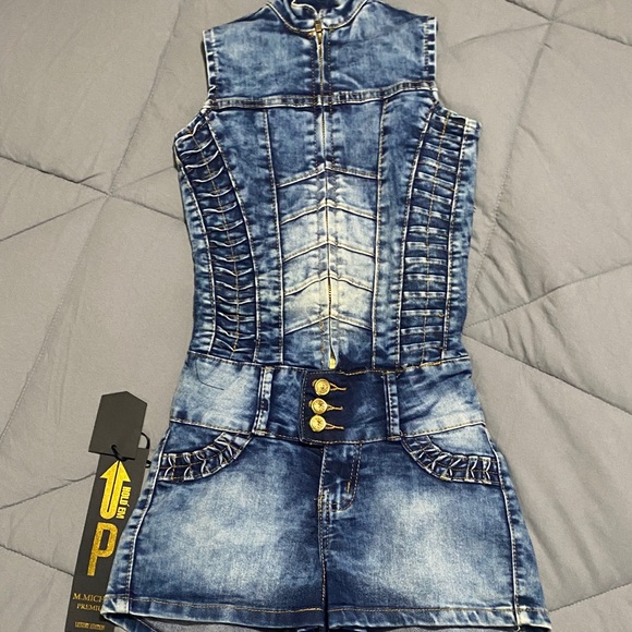 m.michel premium Pants - Sleeveless Blue Denim Romper with Gold Button Detail